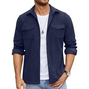 Men's Nave Blue Button Down Waffle Shirt Jacket Casual Long Sleeve Shacket